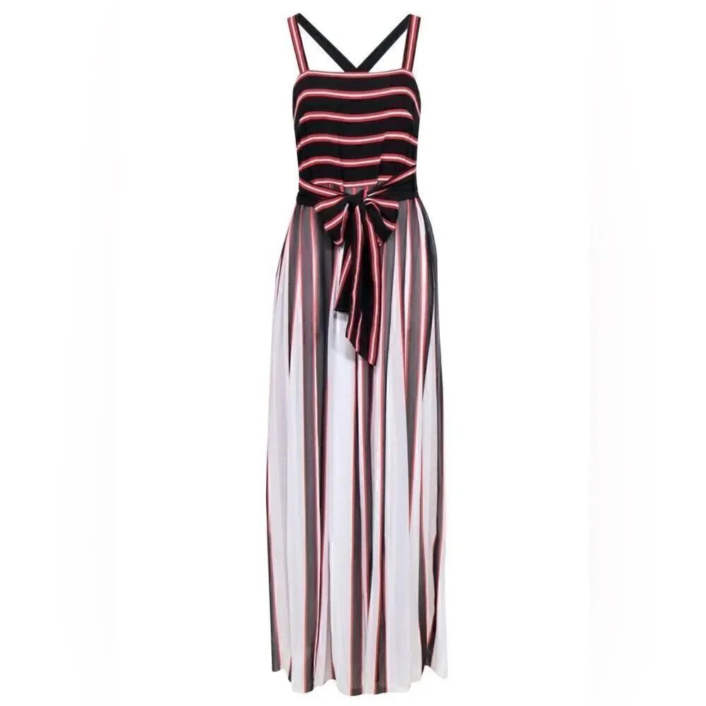 W by Worth Black White Red Vertical Flowy Stripe Maxi Tank Statement Dress